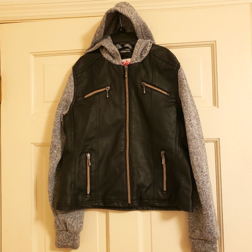 Justice hooded black and gray faux leather jacket, 14/16